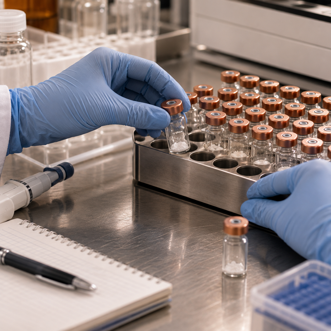 Gloved hands arranging copper-capped research vials in a steel rack