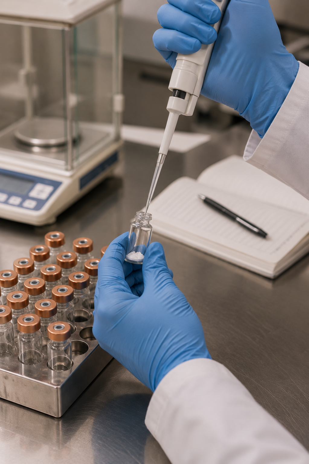 Gloved hands pipetting a sample into a labeled research vial