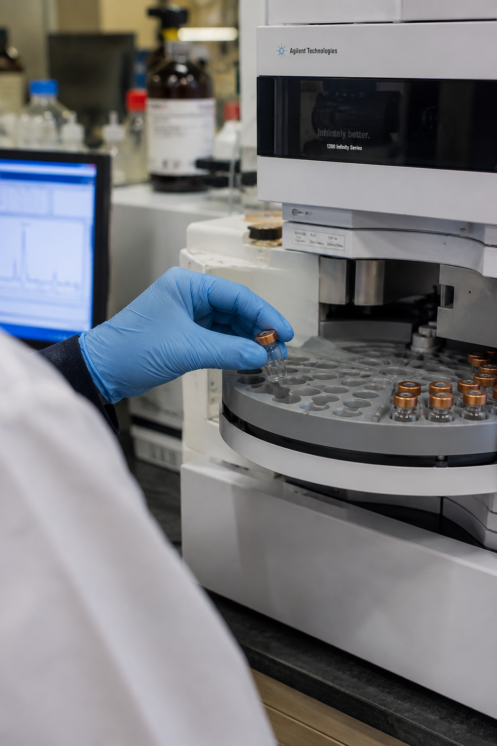 Researcher loading a sample vial into an HPLC autosampler tray