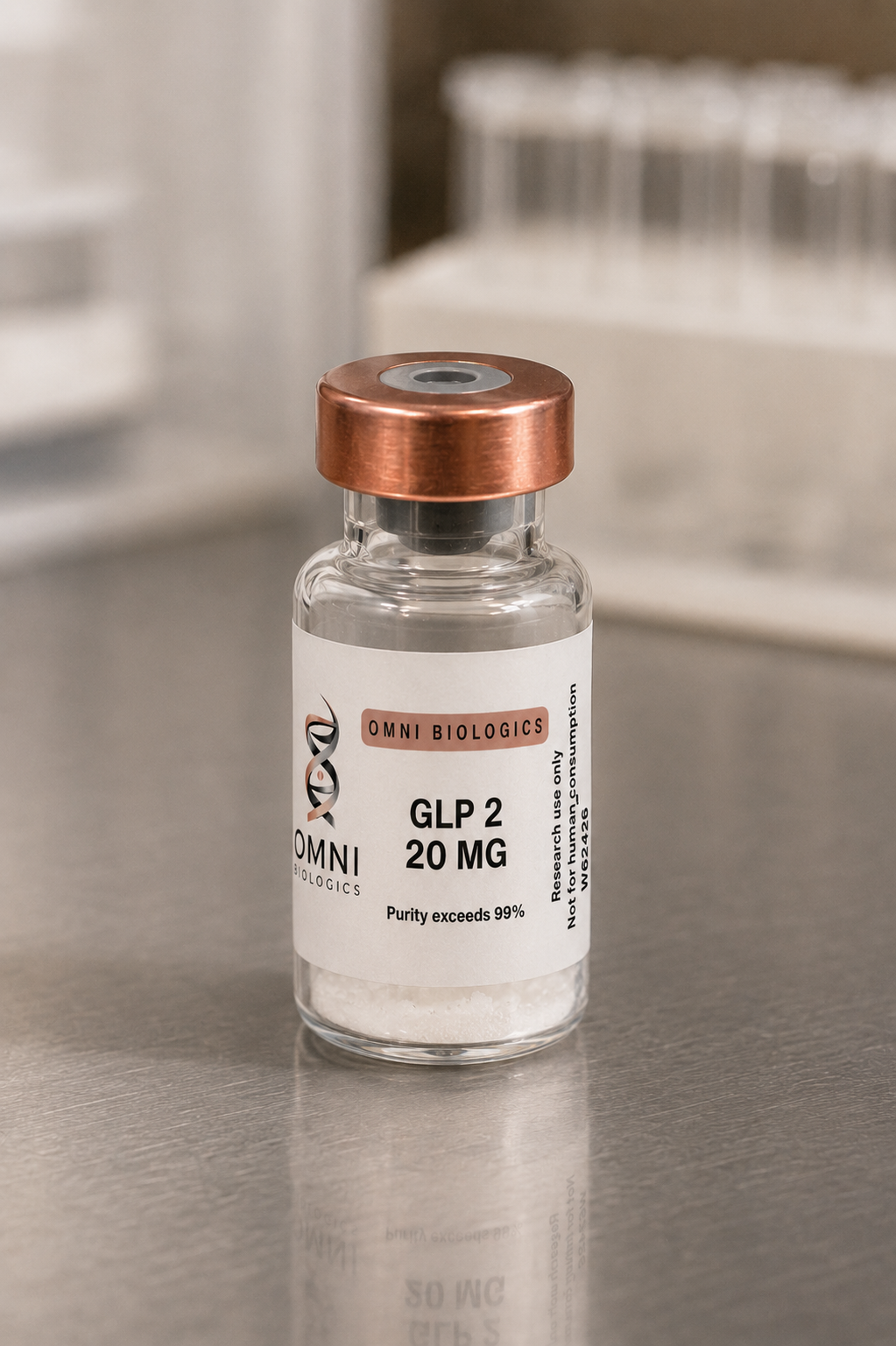OMNI Biologics research peptide vial with labeled lot reference