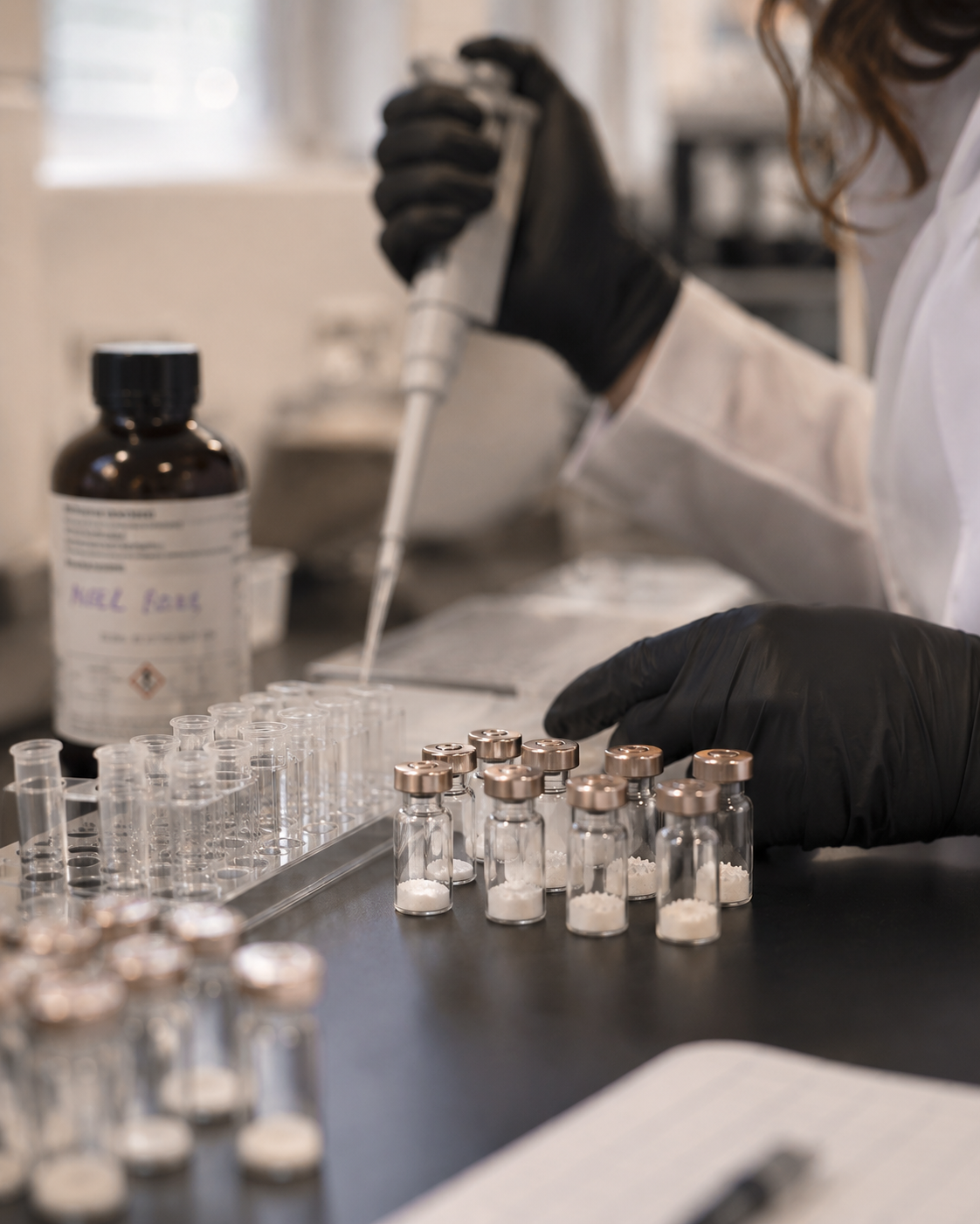 Vials of lyophilized peptide powder in a research setting